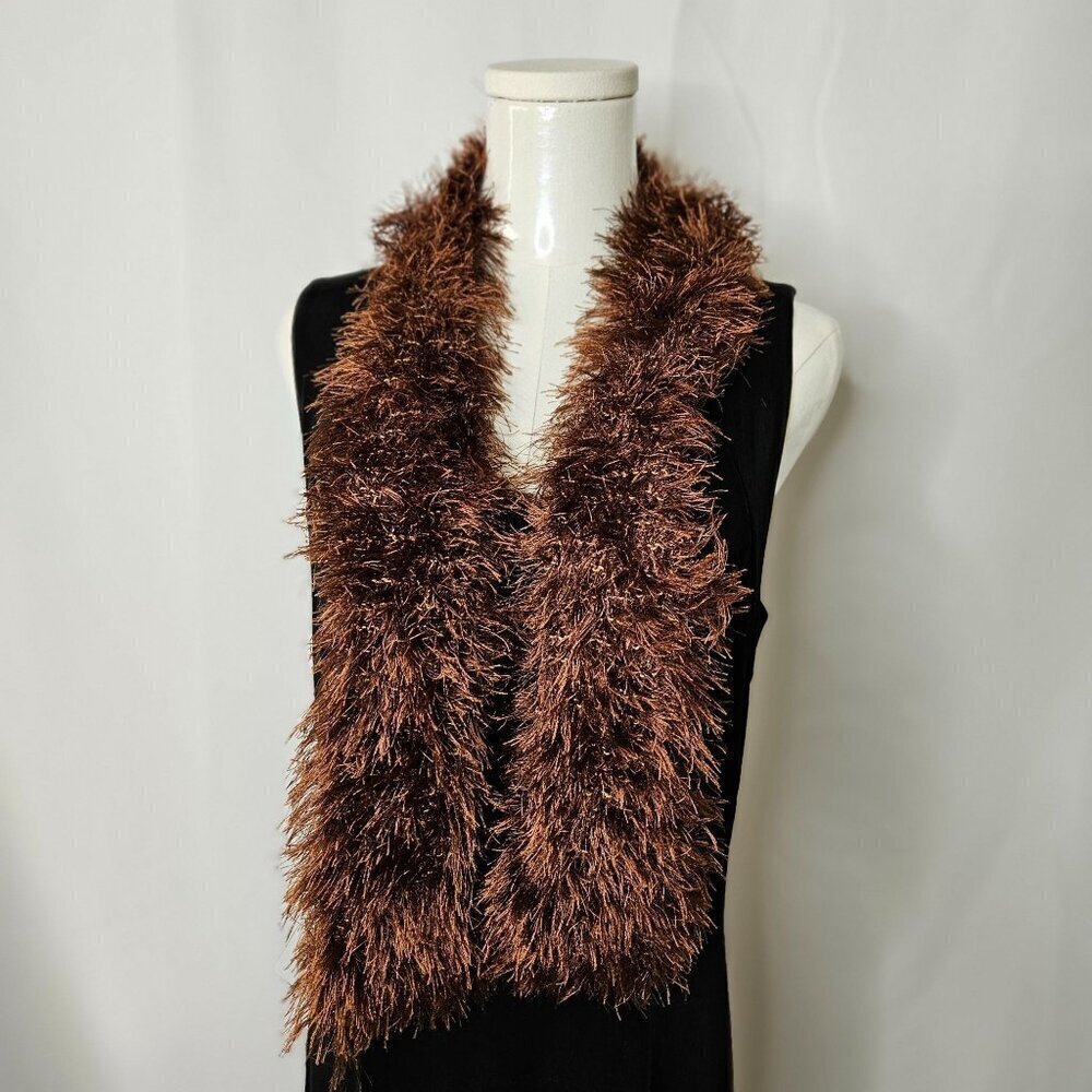 Brown Plush Glitter Eyelash Hand-Knit Scarf Boa Narrow Lightweight